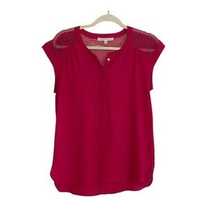 Daniel Rainn Women Pink Cap Sleeve Crochet Yoke Button Neck Top Size S